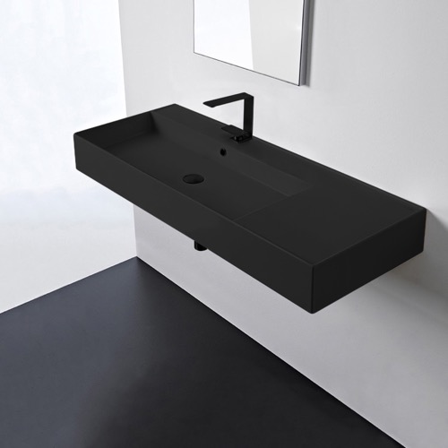 Black Ceramic Wall Mounted or Vessel Sink With Counter Space Scarabeo 5121-49